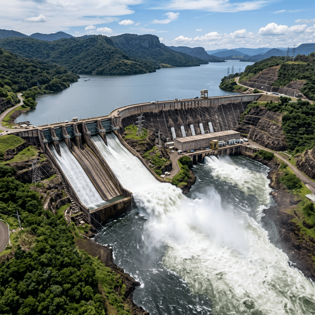 Hydroelectric dam releasing water into river surrounded by forested hills