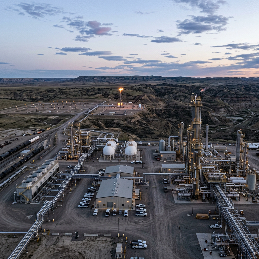 Industrial refinery plant with tall towers, pipes, and smoke against a dusk sky
