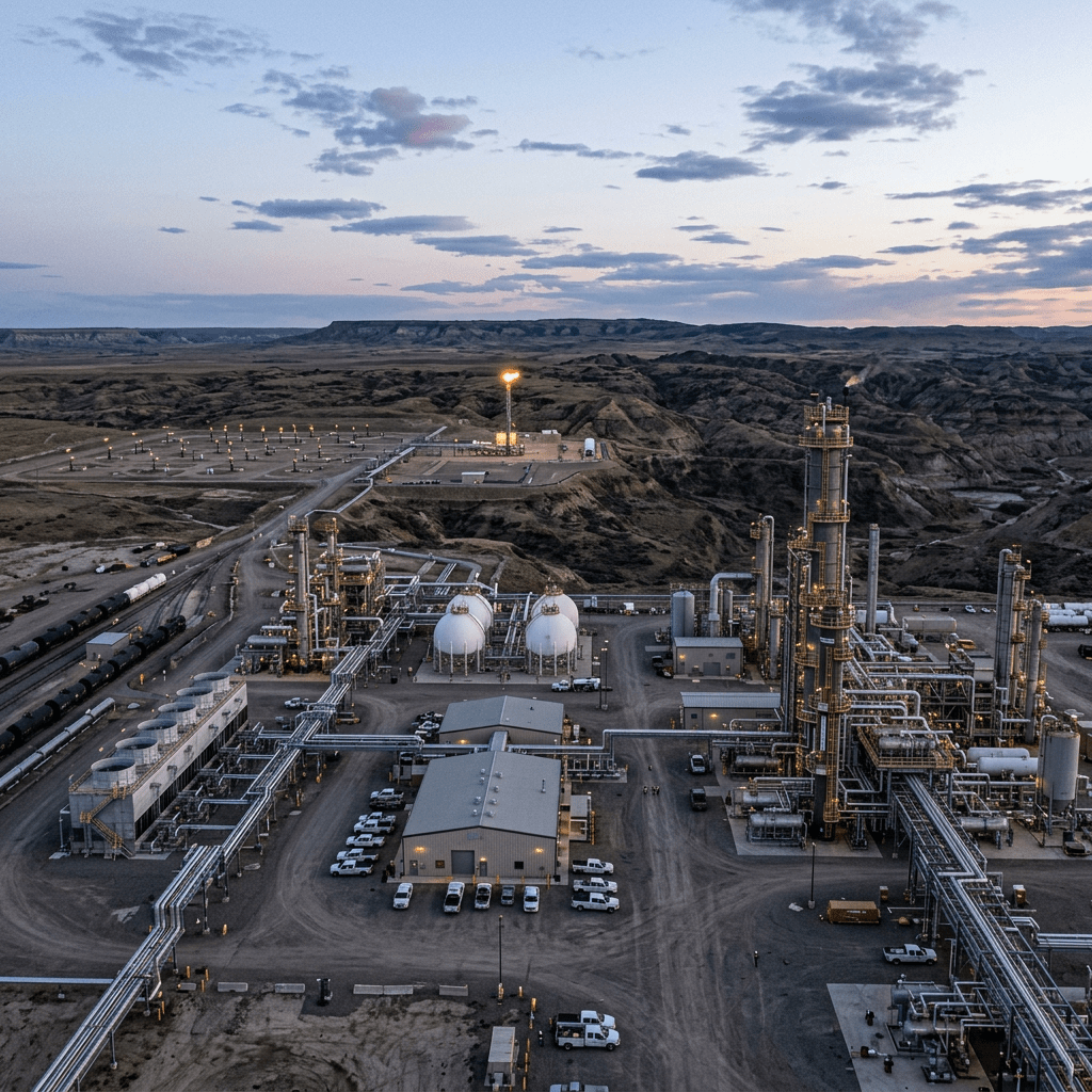Industrial refinery plant with tall towers, pipes, and smoke against a dusk sky