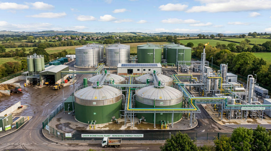Biomethane plant with large storage tanks, pipelines, and equipment in green countryside