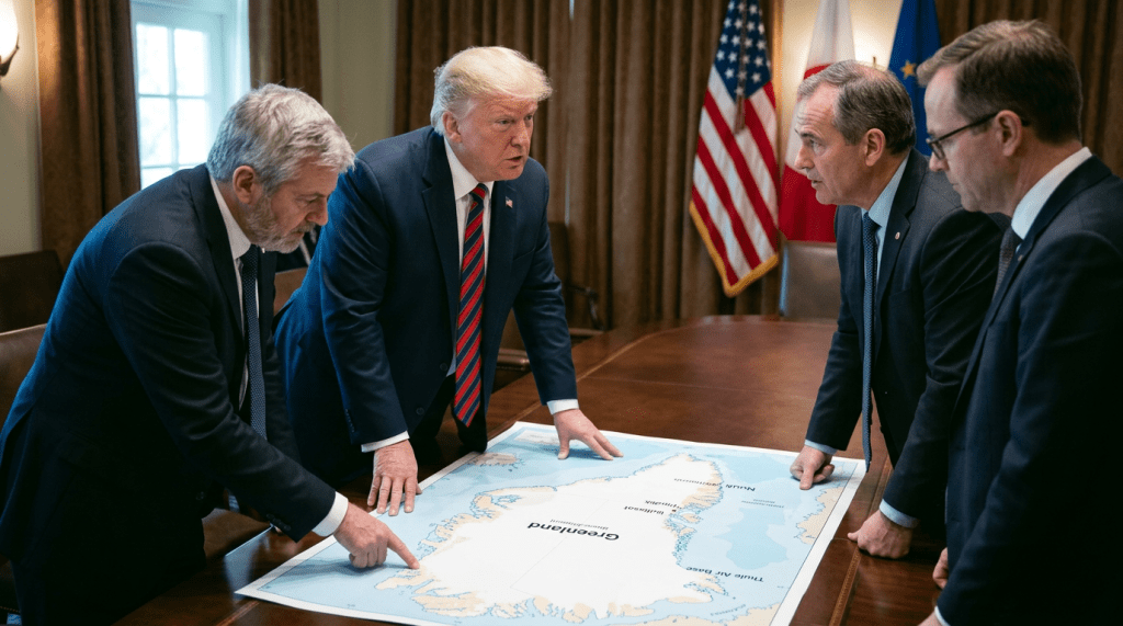 Four men in suits gathered around table looking at a large map labeled Greenland