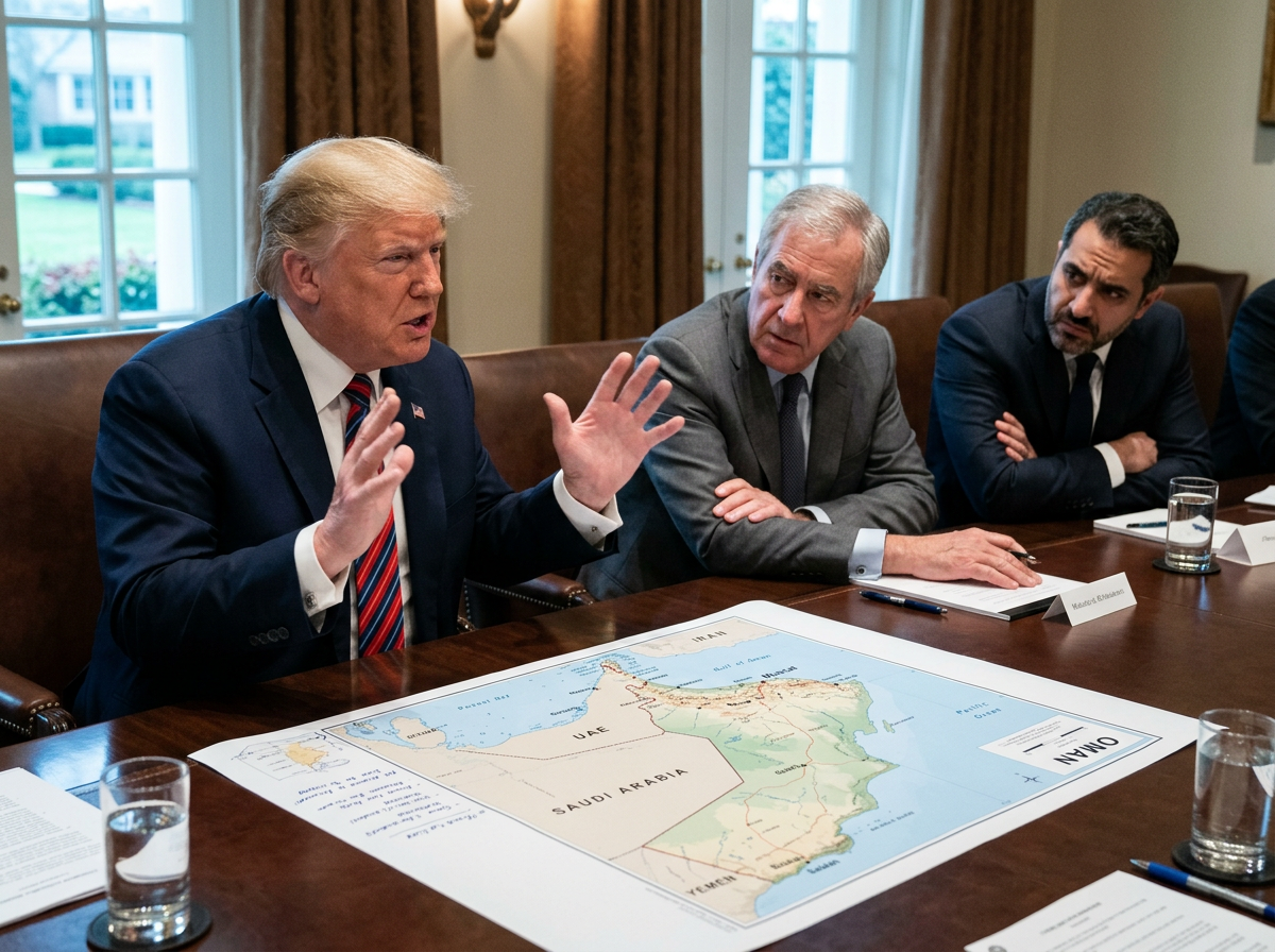 Donald Trump discusses a Middle East map labeled Iran, Iraq, and Saudi Arabia