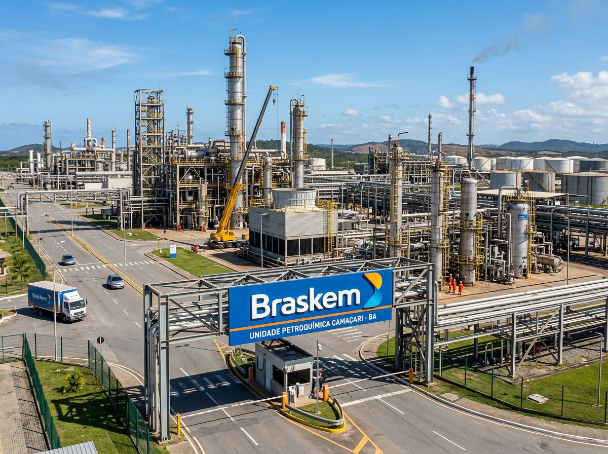 Braskem Unidade Petroquímica Camaçari - BA entrance sign and refinery